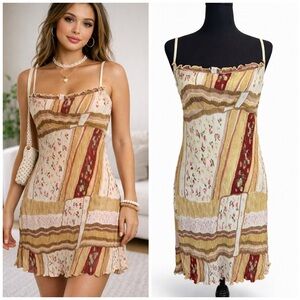 Y2K Wet Seal Patchwork Floral Crinkle Mini Dress Cottagecore Boho M Vintage